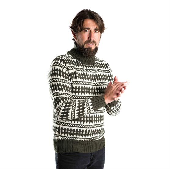Fuza Wool Mens Gorm Sweater High Neck, Olive / White